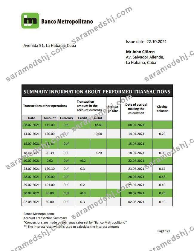 Cuba Banco Metropolitano bank statement